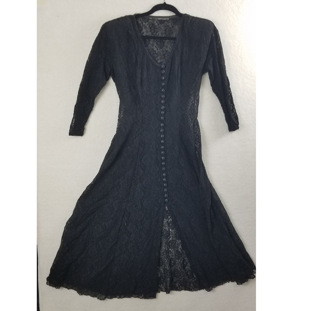 Black Lace Victorian Gothic Vampire Corset Dress Maxi Long Sleeve Button Front
